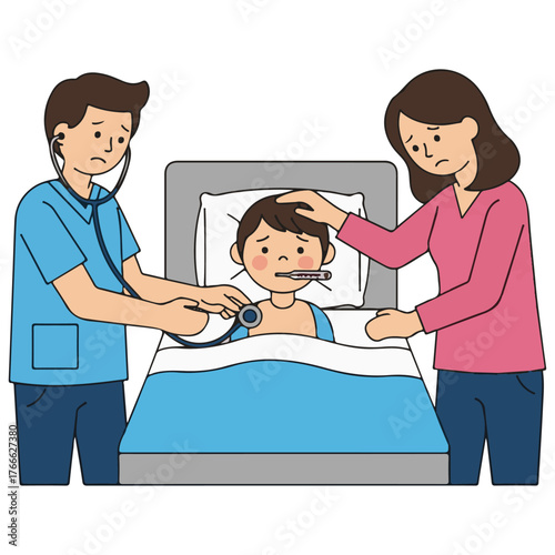 Child with Fever and Illness in Hospital Bed Under Doctor's Examination, Worried Mother Comforts Sick Son, Pediatric Medical Care and Family Concern