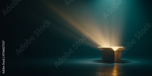 Open cardboard box with bright light rays coming out in a darkened room, concept for opportunity discovery, innovative solutions and creative thinking