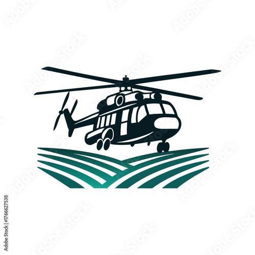 Cargo Helicopter Hovering Over Field Illustration A solid navy cargo helicopter hovering above an open field