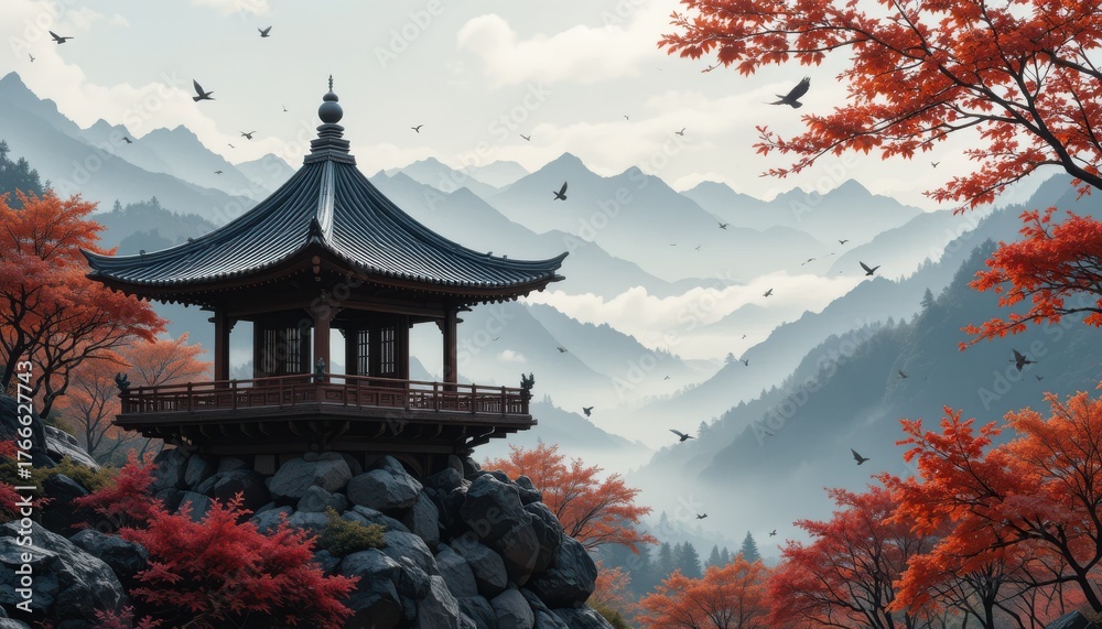 Obraz premium Close up Serene Mountain Pavilion with Birds and Red Leaves tranquil landscape