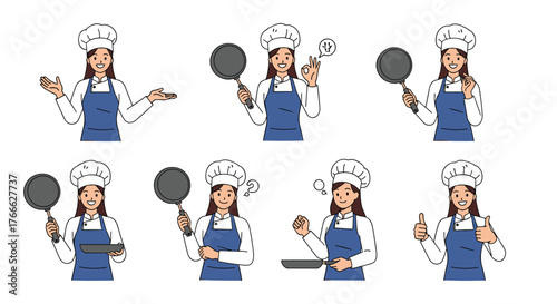 Set of eight illustrations of a female chef in a white hat and blue apron holding frying pans and gesturing.