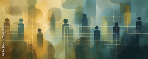 Abstract network of interconnected figures on a mottled background, concept for social networking, organizational structure and data connectivity