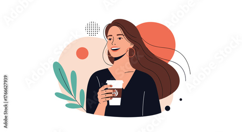 Young woman holding a coffee cup with a smile, set against abstract organic shapes and foliage.