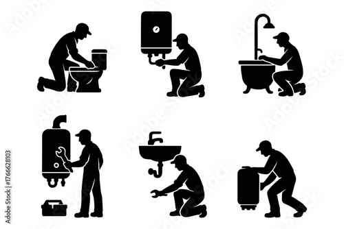 Plumber silhouettes ,bathroom, repair, maintenance