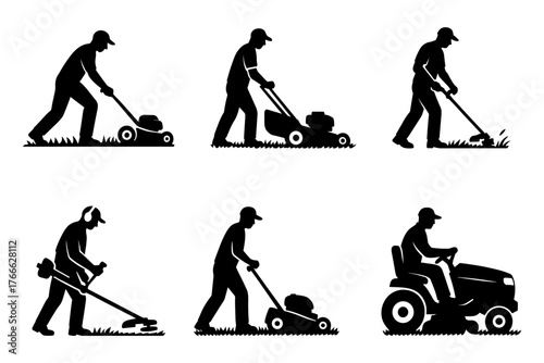 Gardener silhouettes icon, lawn mowing, grass cutting, landscaping