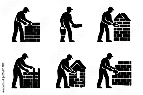 Bricklayer silhouettes icon, construction, masonry, building
