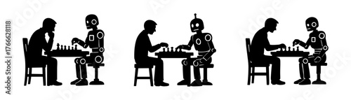 Man vs robot chess silhouettes icon , AI, strategy, competition