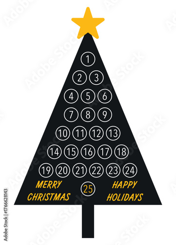 Modern minimalist Christmas countdown Advent calendar in the shape of a Christmas tree with numbers and festive text. Perfect for holiday decor, greeting cards, posters, and digital prints. Vector.