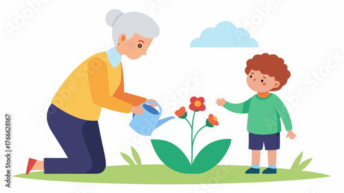 A child excitedly watering newly planted flowers while a grandma kneels nearby offering encouragement and guidance emphasizing mentorship.
