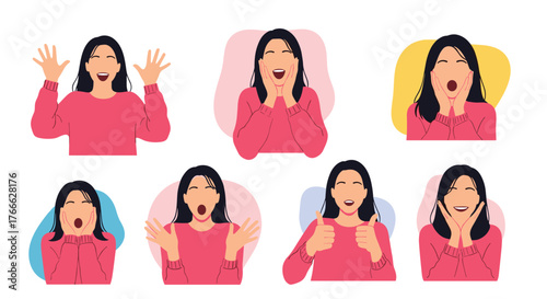 Collection of female expressions showing surprise, excitement, and joy through diverse gestures and facial cues.