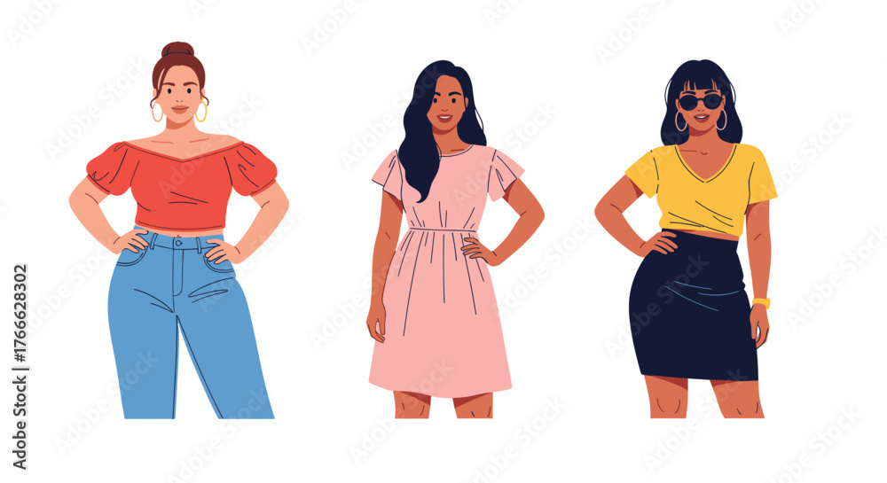 Obraz premium Three diverse women posing in stylish outfits on a white background.