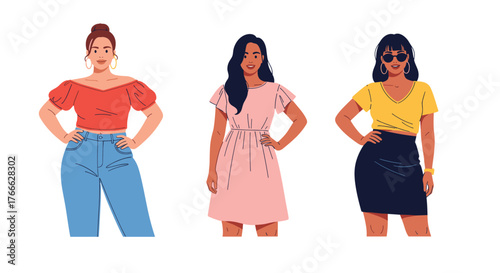 Three diverse women posing in stylish outfits on a white background.