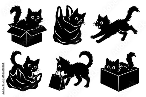 A series of black and white cat silhouettes are playing with a shopping bag. The cats are in various poses. Vector. Silhouette illustration.