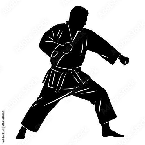 A man in a black uniform is practicing karate. He is in a striking pose, with his arms raised. Vector. Silhouette illustration.