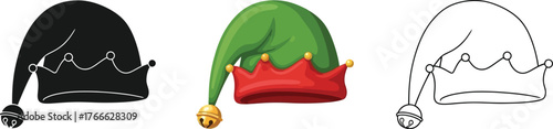 Three elf hats in different styles black, colored, and outline illustration