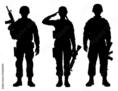 Three soldiers stand in a row, one of them saluting. The soldiers are all wearing camouflage and holding guns. Vector. Silhouette illustration.