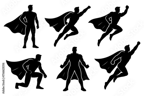 A series of black and white superhero silhouettes are shown in various poses, with one of them flying through the ai. Vector. Silhouette illustration.