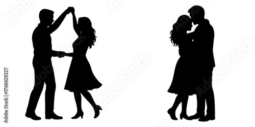 A series of silhouettes of people dancing. The silhouettes are of a man and a woman. Vector. Silhouette illustration.