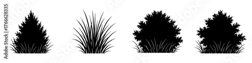 Four silhouettes of trees, each with a different shape and size. The trees are all black. Vector. Silhouette illustration.