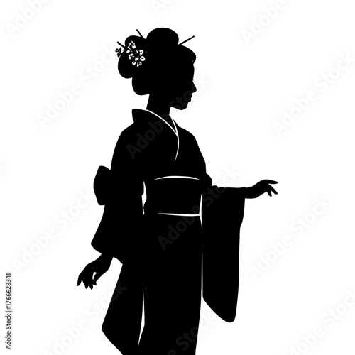 A woman in a kimono is standing in front of a white background. The silhouette of the woman is emphasized. Vector. Silhouette illustration.