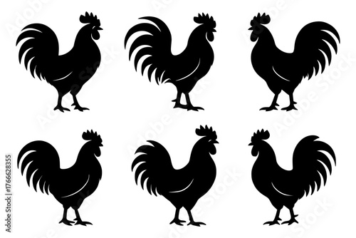 The image is a series of black and white silhouettes of roosters. The roosters are standing in a row. Vector. Silhouette illustration.