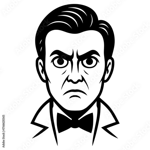 A man with a black suit and a black bow tie is wearing a frowning expression. The man's face is drawn in black. Vector. Silhouette illustration.