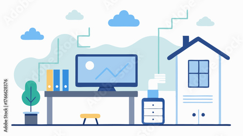 A home office with air quality monitoring devices illustrated with stats visible on a connected app for managing indoor environment levels.