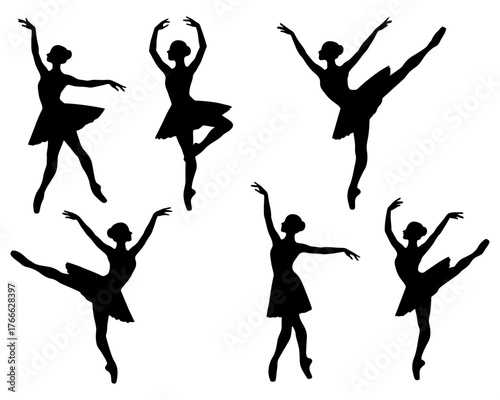 A series of silhouettes of ballerinas in various poses. Scene is elegant and graceful. Vector. Silhouette illustration.