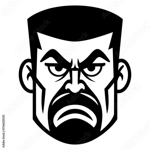A cartoonish face with a frowning expression. The man's eyes are wide open and his mouth is open in a snarl. Vector. Silhouette illustration.