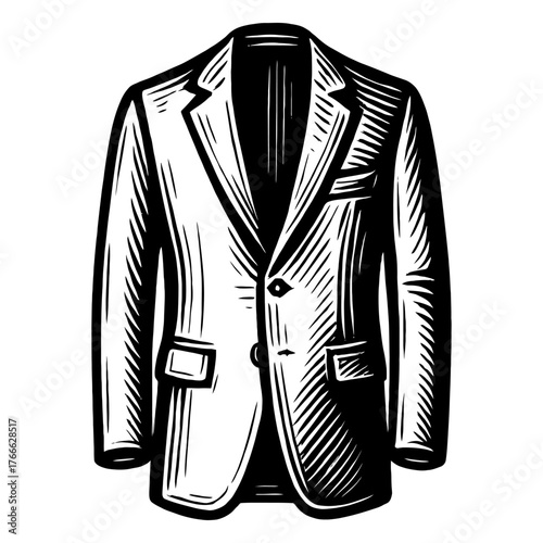 A black and white drawing of a jacket. The jacket is black and white and has a very sharp, detailed look to it. Vector. Silhouette illustration.