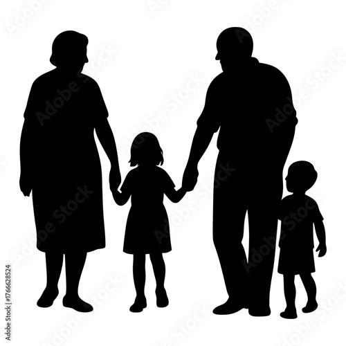 A family of four is holding hands, with a woman and a man in the middle and two children on the right. Vector. Silhouette illustration.