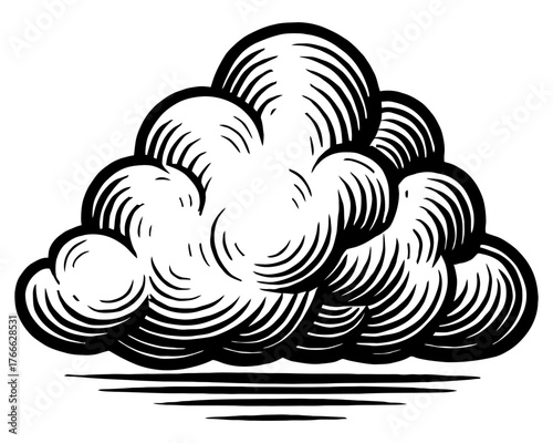 A black and white drawing of a cloud. The cloud is large and has a lot of detail, including the ripples. Vector. Silhouette illustration.