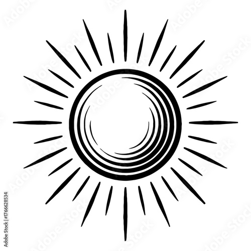 A black and white drawing of a sun with rays of light coming out of it. The sun is the main focus of the image. Vector. Silhouette illustration.