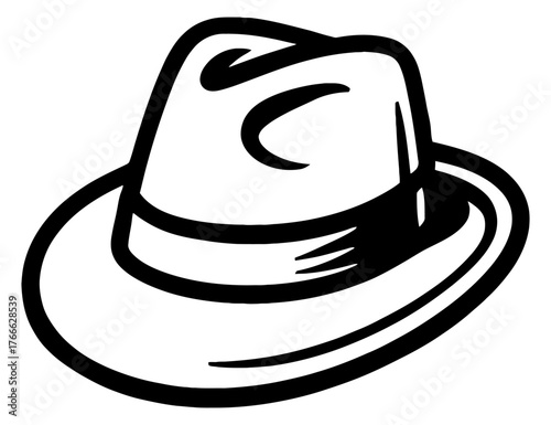 A hat with a black brim and a black crown. It is a hat. Vector. Silhouette illustration.