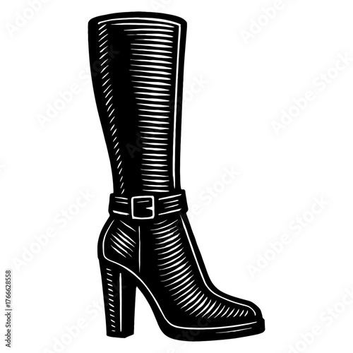 A black boot with a buckle on the side. The boot is tall and has a high heel. Vector. Silhouette illustration.