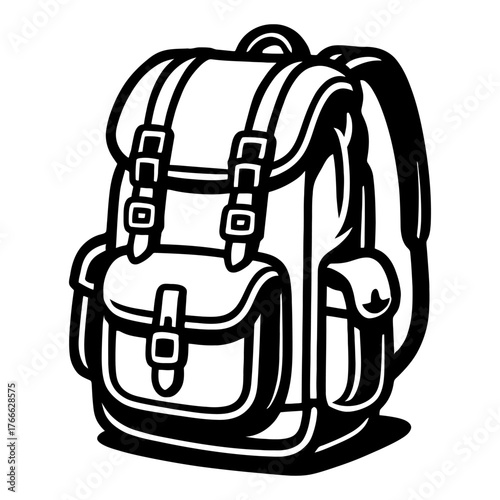 A black and white drawing of a backpack. The backpack is large and has a lot of pockets. Vector. Silhouette illustration.