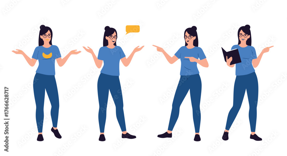 Fototapeta premium Four diverse illustrations of a woman in blue top and pants with different gestures and props.