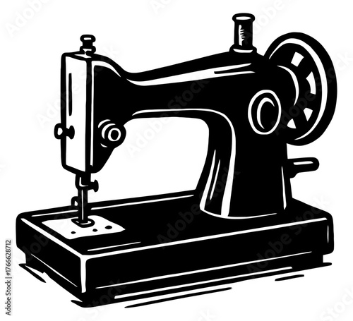 A vintage sewing machine with a black and white background. The machine is the main focus of the image. Vector. Silhouette illustration.