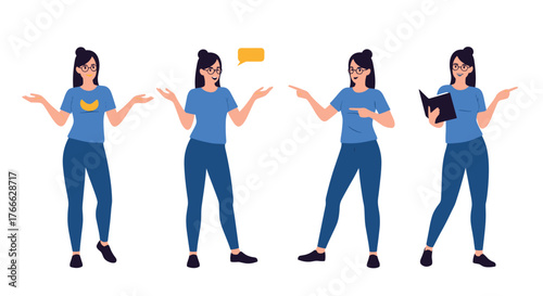 Four diverse illustrations of a woman in blue top and pants with different gestures and props.