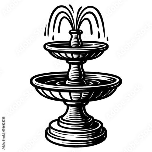 A fountain with two basins is shown in black and white. The fountain is tall and has a large spout. Vector. Silhouette illustration.