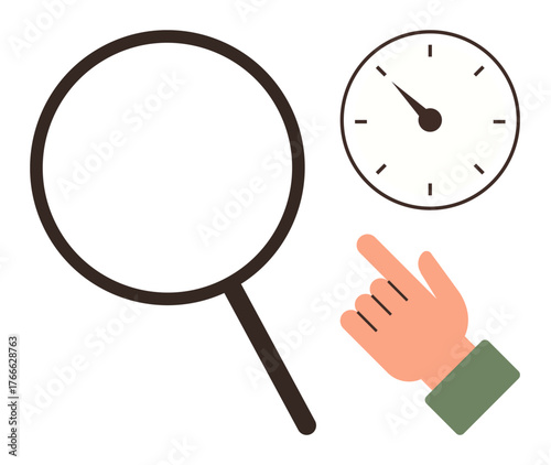 Magnifying glass near clock with hand pointing, symbolizing focus, time management, analysis. Ideal for productivity, research, efficiency, punctuality deadlines organization. A simple flat