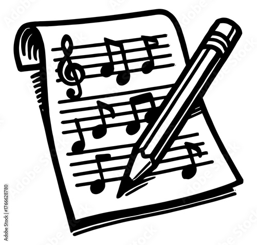 A pencil is on a sheet of music. The pencil is black and the sheet of music is white. Vector. Silhouette illustration.
