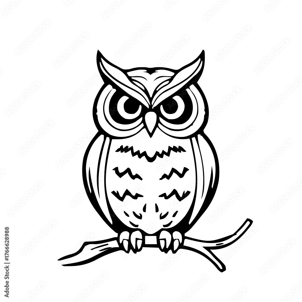 Fototapeta premium Halloween – Spooky Creatures & Characters (BW Outline) – owl perched front view