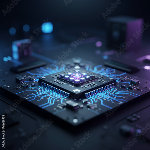 Futuristic Quantum Computer Chip with Glowing Energy Circuits