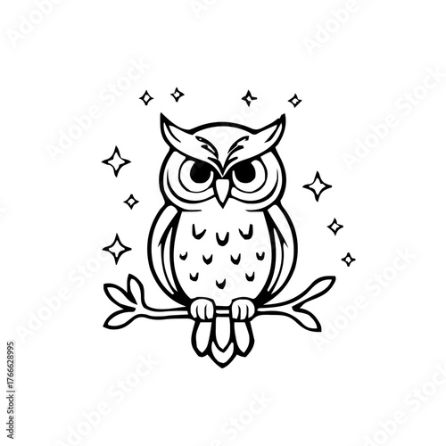 Halloween – Spooky Creatures & Characters (BW Outline) – owl perched with sparkles