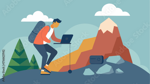 A digital nomad hiking up a trail stopping to set up a mobile workstation on a large boulder with hiking gear tered around.