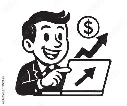 Happy retro business man celebrating financial success with upward trending arrow on laptop, perfect for investment marketing or financial growth campaigns