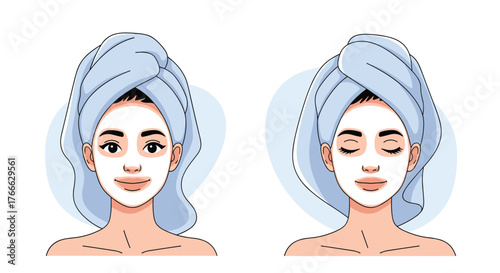 Two cartoon women with face masks and towels on their heads, one with eyes open, one with eyes closed.