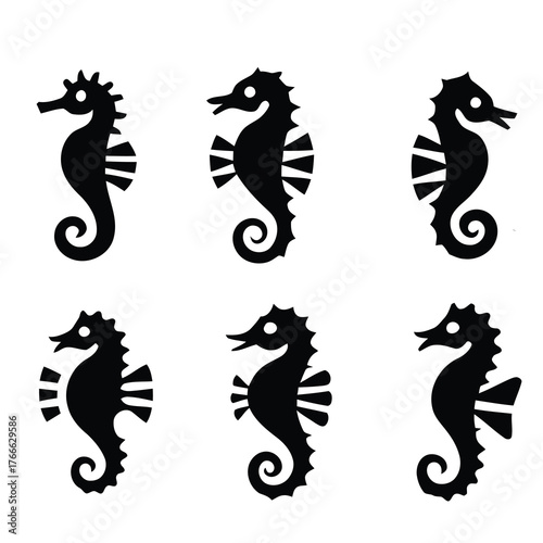 Collection of Stylized Black Seahorse Silhouettes