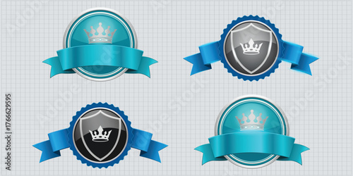 Four emblems with crowns and shields on a grid background with blue ribbons and silver accents